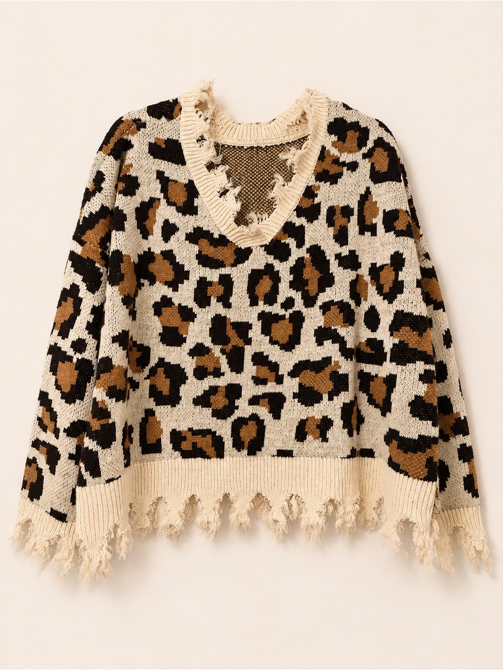 Frayed V-Neck Leopard Print Sweater - Cream & Brown